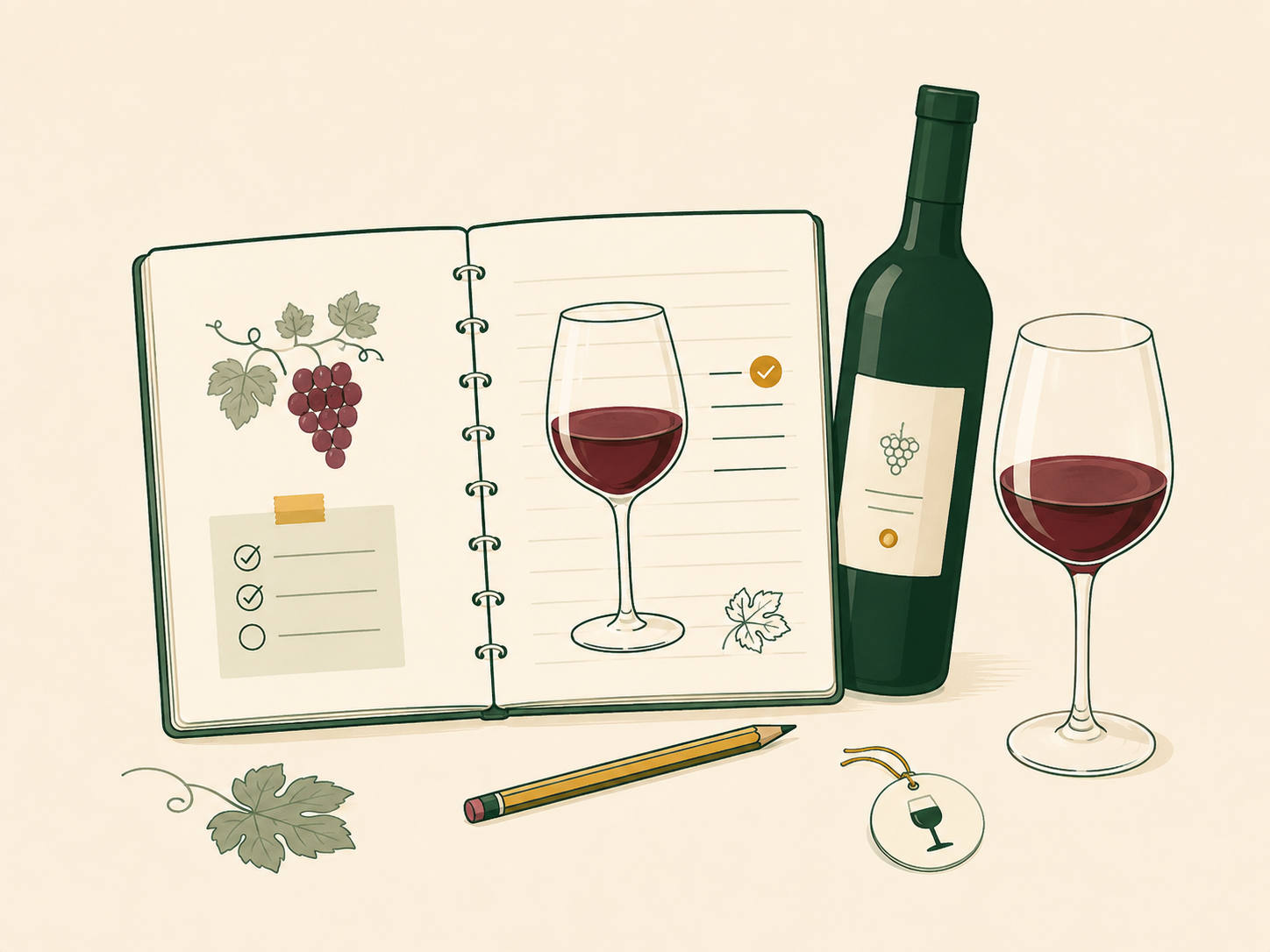 Wine notebook with grape sketch and tasting checklist, a glass of red wine, and a wine bottle